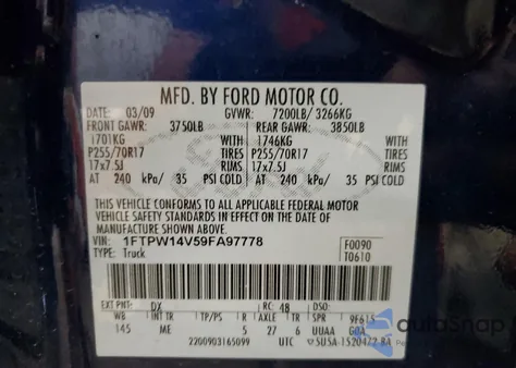 2009 Ford F150 Supercrew из США, поврежденный, VIN 1FTPW14V59FA97778